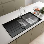 SÄUBER® 1000 x 500mm Stainless Steel Kitchen Sink Black Glass Surround 1.5 Bowl Inset Drop in Installation, Left Hand Drainer, 18/8 Grade Sinks, Free Strainer Waste