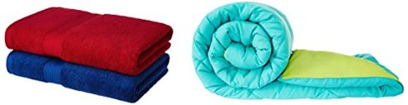 Amazon Brand - Solimo Microfiber Reversible Comforter, Single (Aqua Blue & Olive Green, 200 GSM) & 100% Cotton 2 Piece Bath Towel Set, 500 GSM (Iris Blue and Spanish Red)