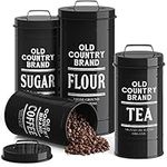 Barnyard Designs Decorative Nesting Kitchen Canister Jars with Lids, Black Metal Rustic Vintage Farmhouse Container Decor for Flour Sugar Coffee Tea Storage, Set of 4, Largest is 14 x 28.5cm