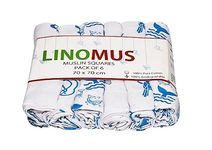 Linomus Muslin Cloths for Baby Pack of 6 (70 x 70 cm) - Soft, Absorbent & Breathable 100% Pure Cotton Burp Cloths - Ideal to Clean, Wipe & Cover Newborns - Light & Dark Blue Animals Theme