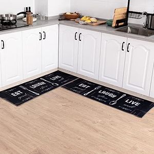 Carvapet 2 Piece Kitchen Rug Set Non-Slip Backing Mat Throw Rug for Kitchen Doormat Runner Rug Set, Motto Design, Blackish/Dark Grey (17"x48"+17"x48")
