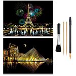 MIASTAR Scratch Paper Rainbow Painting Sketch Pads DIY Art Craft Night View Scratchboard for Adults and Teens - Scratch Painting Creative Gift - 2 Packs & Pen, Clean Brush, 16” x 11.2” (Paris/Louvre)