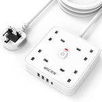 3M Extension Lead 4 Way Outlets with 4 USB Slots (1 Type-C and 3 USB-A), MSCIEN 3 Metre Extension Lead with LED Indicator Switch, Wall Mounted Extension Lead with 3M for Home Office White