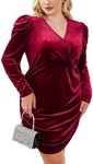 IN'VOLAND Plus Size Velvet Dresses Long Sleeve Formal Dress for Women Wedding Guest Mini Red Cocktail Party Dress 24W