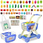 Kids Shopping Cart - 2 in 1 Toy Shopping Cart with Play Food Fruit Vegetable Dessert and Shop Accessories, 72pcs Pretend Play Grocery Store Toy Kitchen Game Trolley Play Set for Kids