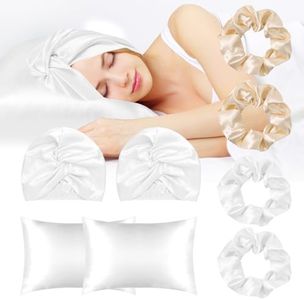 8Pieces Silk Bonnet Cap Silk Pillowcase Scrunchies Set, Natural Silk Satin Night Bonnet Silk Hair Wrap with Elastic Stay On Head, Silk Pillow Cases Elastic Silk Ponytail Holders for Women Girls (White)