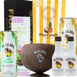 Malibu Rum Gift Set - Includes Miniature Bottles, Coconut Cup, Malibu & Pineapple Can, Pina Colada Pre-Mixed, Gummies & Macarons - Exotic Cocktail Kit in Elegant Black Box