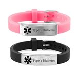 ForeverWill 2 Pack Type 1 Diabetes Bracelet for Kids Teens Adults Personalized Medical Alert Silicone Medic Diabetic Awareness ID Wristband for Girl Boy Women Men,Adjustable