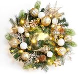 GAOMON Christmas Wreath for Front Door, 24 Inch Outdoor Christmas Wreath, Battery Operated Xmas Wreath with Gold White Ball Ornaments Pine Cones and 20 LED Lights for Home Holiday Decor