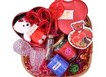 MANTOUSS Valentines Day Gift Hamper-Jar Of 8Pcs Dark Chocolate+2Shot Glasses+Scented Candle+Card+Message Bottle+3Pc Rose And Teddy Bear In Heart Shaped Box, 900 Grams