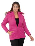 STUFFLIN Casual Women's Hooded Collar Jacket Full Sleeve Winter Wear Solid Quilted Neck Jacket for Women Girls (M, Pink)