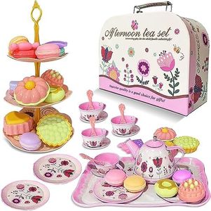 Tea Set for Little Girls, 46 PCS Princess Party Tea Set Kitchen Pretend Toy with Desserts & Carrying Case, Girls Birthday Gift for Kids Toddlers Ages 3 4 5 6 Year Old