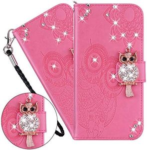 LEMAXELERS for iPhone 11 Case, for iPhone 11 Mobile Phone Case Glitter Diamond Owl Flower Embossed PU Leather Cover Magnetic Protective Case Skin Stand Mobile Phone Case for iPhone 11, YK Owl Pink