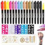 Temporary Tattoo Pen Removable Tattoo Markers Multi-coloured Tattoo Kit Face Paint with 15 Tattoo Pens 5 Tattoo Stencils and 2 Tattoos Stickers Gifts for Teenage Girls Boys Adults Christmas Gifts