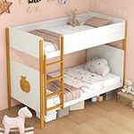 KOMFOTT Twin Over Twin Bunk Bed, Solid Wood Bunk Bed Frame with Built-in Ladder & Safety Guardrails, Convertible Stacking Twin Bunk Beds for Children, No Box Spring Needed