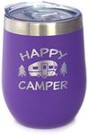 Bevvee Happy Camper Wine Tumbler with Sliding Lid - Stemless Stainless Steel Insulated Cup - Cute Outdoor Camping Mug - Purple