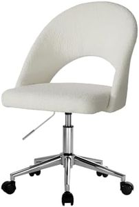 OIKITURE Swivel High Back Hollow Armless Chair Lockable Adjustable Height, Office Desk Computer Boucle Chair with Spinning Castors, Capacity 120KG, Living Room Bedroom, White & Silver