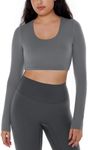 ENERBLOOM Long Sleeve Crop Tops for Women Workout Yoga Shirts Slim Fitted Cream Feeling U Neck Cropped Athletic Gym Tee Dark Gray XX-Large