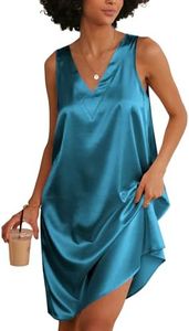 Ekouaer Women's Satin Silk Nightgown V Neck Nightie Tank Sleepshirt Sleeveless Summer Dress Comfy Loungewear, Dark Blue, Small