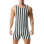 DTODWW Mens Striped Wrestling Singlet Bodysuit One Piece Swimsuit Stretchy Base Layers Pajamas Leotard Athletic Jumpsuit, Black&white, Large