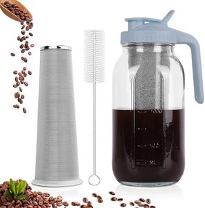 QHH Cold Brew Coffee Maker,64 oz Mason Jar Pitcher with Stainless Steel Filter, Pour Spout Handle Lid, Heavy Duty Glass Airtight & Leak-Proof Pitcher for iced coffee Tea Lemonade-Gray