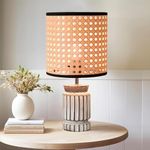 Homesake® Retro Farmhouse Table Lamp for Living Room Bedroom Rustic Linen Bedside Nightstand Lamps for Kids Room Study Office Wood, Carved Cylinder, (Rattan Cane)