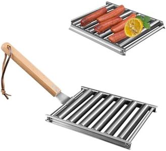 Hot Dog Roller 9.4 * 7.2 Inch, UNOSCHRIM BBQ Sausage Roller Rack, Stainless Steel Sausage Roller Rack with Extra Long Wood Handle, 5 Section Portable Brat Grill for Picnic, Team Building and Party