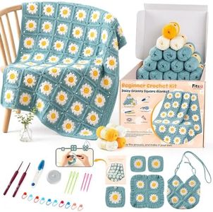 Fitsu Crochet Kit for Beginners, Daisy Granny Square Blanket Crochet Starter Kit with Yarn, Hooks, Step-by-Step Book & Video Tutorials, Easy Learn-to-Crochet Gift Set for Adults and Beginners