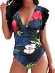 Women's One Piece Swimsuit Ruffled Lace Up Monokini V Neck Ruched Bathing Suits Push Up Tummy Control Swimming Costume(Leaves,XXL)