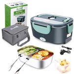 Budth Electric Lunch Box Food Heater, 80W Portable Heated Lunch Box Food Warmer for Car/Truck/Home/Office, 12V 24V 110V Adapter, Leak Proof, with SS Fork & Spoon and Carry Bag (Grey+Green)