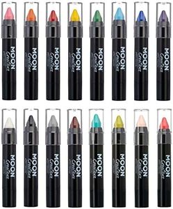 Moon Creations Face Paint Stick Body Crayons | Set of 16 | 3.2g | Sweat Proof & Water-Resistant Face Paint | Cruelty Free, Made in UK | For Kids, Adults, Fancy Dress, Festivals, Halloween