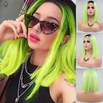 Green Bob Wig Short Synthetic Lace Front Wig Ombre Neon Pastel Green Real Hair Afro Wigs for Women Straight Handmade Glueless Heat Resistant Fiber Hair Anime Cosplay Ladies Drag 14 Inch