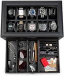 HOUNDSBAY Yachtsman Large Watch Box Jewelry Organizer for Men, Jewelry Box Organizer with Vegan Leather, Glass Display Lid, and Drawer with EDC Storage - Black Carbon Fiber