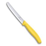 Victorinox Swiss Made Stainless Steel Swiss Classic Kitchen Knife, 11 cm Multipurpose, Round Tip Wavy Edge Knife for Professional and Household Kitchen, Kitchen Tools, Yellow, 6.7836.L118