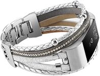 WONFAITH Posh Leather Band Compatible with Fitbit Charge 2 Bands, Boho Handmade Bracelet Multilayer Wrap Layered Wristbands for Women (Silver)