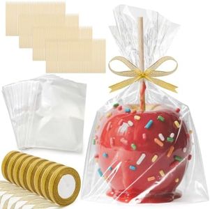 ZEAYEA 408 Pcs Candy Apple Sticks Bags, DIY Caramel Apple Kit Supplies for Halloween Birthday Party, 200 Bags, 200 Sticks and 8 Rolls Gold Glitter Ribbons for Fruit Cookie Wrapping