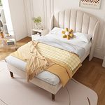 BTM Upholstered Single Bed, 3FT Single Bed Frame with Headboard and Wooden Slatted Support, Youth Bed, Beige Velvet Bed Frame, 90x190cm