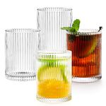 Quyimy Gin Glasses Ripple Highball Drinking Glasses Set of 4 Cocktail Tall stemless Glasses Vintage Ribbed Glassware, Ideal for Cocktail Coffee Soda Juice Rum, 266ML/6.5oz, Origami Style