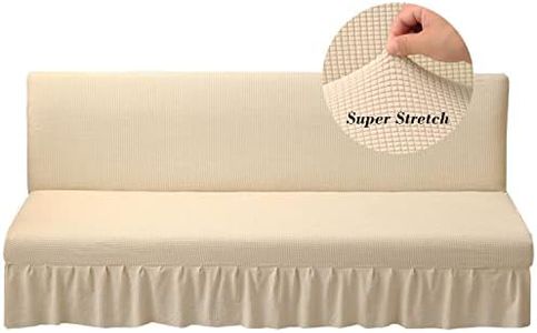 Stretch Armless Futon Cover with Skirt Knitted Jacquard Futon Sofa Bed Cover Machine Washable Futon Couch Cover Futon Sofa Cover Furniture Bed Protector with Elastic Bottom for Kids,Pets(Beige)