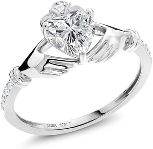 Gem Stone King 1.09 Cttw 10K White Gold IGI Certified Lab Grown Diamond Irish Celtic Claddagh Engagement Ring For Women | Center Diamond Heart Shape 1 Ct | E-F Color | VS1-VS2 Clarity (Size 7)