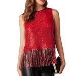 GRACE KARIN Women Sleeveless Sparkle Party Tops Sequin Crew Neck Tops with Fringed Hem Red XXL