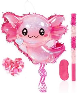 Axolotl Pinata Set - Glitter Pink Axolotl Pull String Piñata with Blindfold, Bat, Confetti for Birthday Party Decorations (16.1'')