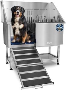 KANIS Professional Stainless Steel Dog Bathing Station - Grooming Tub w/Ramp, Storage Shelf, Floor Grate & Faucet/Dog Bathtub for Large, Medium & Small Pets (50", Left RAMP - Shelf)
