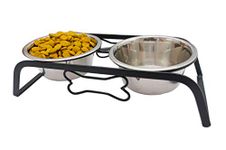 HOME BARGAINS Rustic Bone Diner Wrought Iron Stainless Steel Food And Water Bowl With Iron Stand For Medium Dogs And Cats 900Ml X 2 Bowls - 40.01 X 18.01 X 10.01 Cm