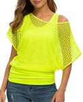 Smile Fish Women Casual Sexy 80s Costumes Fishnet Neon Off Shoulder T-Shirt (Neon Green, XXL)