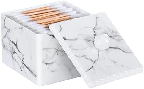 Luxspire Boîte à Coton Tige, Boîte de Rangement avec Couvercle Support d'écouvillon Coton Style de Marbre, Boîte de Stockage de Coton Maquillage Cosm�étique pour Chambre Salle de Bain, Marbre Blanc