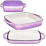 2 In 1 Enameled Square Cast Iron Baking Pan Cookware Dish With Grill Lid, 11-inch Multi Baker Casserole Dish, Lasagna Pan, Purple