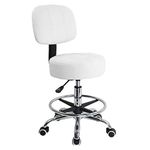 KKTONER Swivel Round Rolling Stool PU Leather with Adjustable Foot Rest Height Adjustable Task Work Drafting Chair with Back White