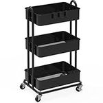 SimpleHouseware 3-Tier Metal Kitchen Cart Utility Rolling Cart, Black