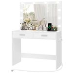 FIONESO Vanity Desk with Large Mirror, Makeup Vanity Table with Power Strip, 10 Lights & 2 Drawers, Dressing Table Set with 3 Lighting Color Adjustable for Women and Girls, Bedroom, White